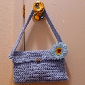 Handcrafted Blue Crochet Bag with Flower Accent And with Mini Wallet With Flower